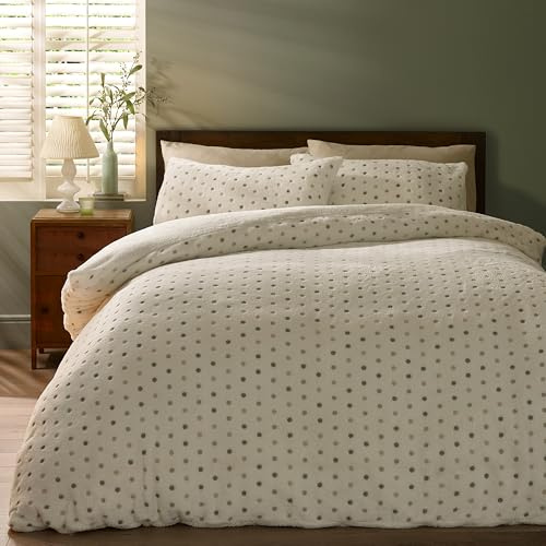 Catherine Lansfield Cosy Spot - Set copripiumino matrimoniale in pile con federe, colore: panna