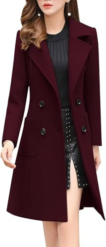 ebossy Women's Elegant Wool Blend Pea Coat Notched Lapel Double Breasted Winter Warm Mid Long Overcoat, Wine Red, Large