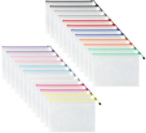 Dzmuero Bolsas con Cremallera A4, 24 piezas Bolsas de Plastico con Cierre Cremallera, Impermeable, Malla Transparente, Multifuncional, Carpetas Plastico A4 para Documentos, Cosméticos (12 colores)