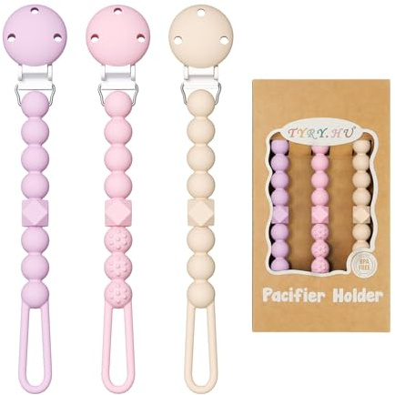 TYRY.HU Silicone Dummy Clip for Baby,One Piece Pacifer Chain Holder Set,Pacifier Clips for Boys and Girls,Fits Most Pacifiers and Teething Toys,3 Pack Unisex Newborn Universal