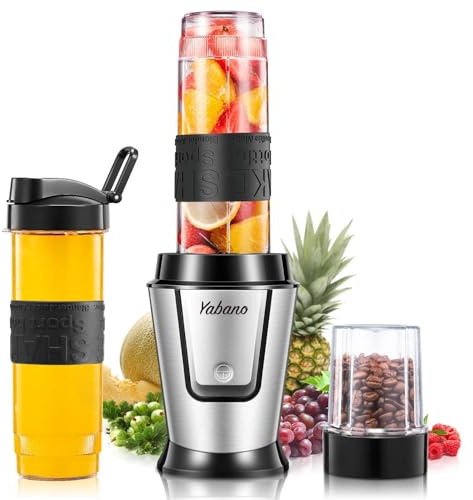 Yabano Personal Blender, 500W Electric Smoothie Blender with 2 x 600 ml Travel Bottle and Coffee/Spices Jar, Smoothies Maker to go for Protein Shakes, Single Serve Blender for Smoothies, Sports