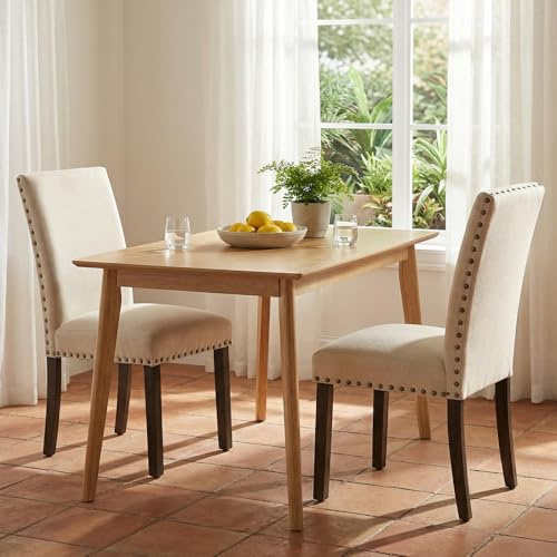 Furniliving Upholstered Dining Chairs Set of 2 - Line Fabric Modern Farmhouse Kitchen Chairs, High-Back Dining Room Chairs with Wooden Legs for Kitchen Dining Room Living Room.Beige