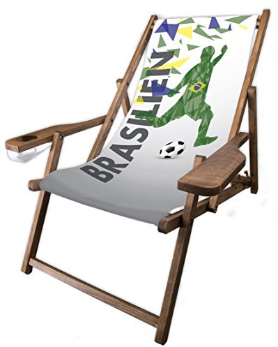 MultiBrands® Holz-Liegestuhl, dunkelbraune Lasur, mit Armlehne und Getränkehalter, Klappbar, Brasilien, WM, Fanartikel, 2018