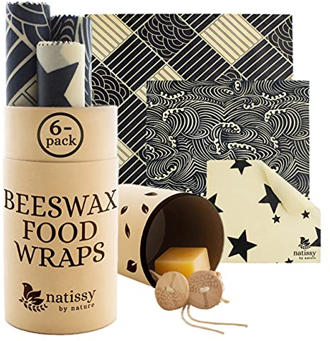 Wachspapier für Lebensmittel; 6er Set Bienenwachstücher Bio Baumwolle; wiederverwendbare Bienenwachs Wraps; Bienenwachstücher für Brot, Käse & Sandwich; Große & Kleine Wachstücher Beutel, Beeswax Wrap