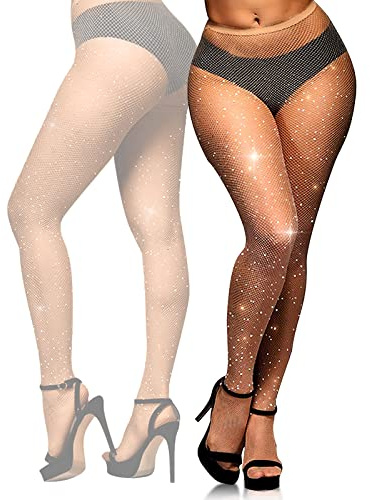 YOGINGO Socks Fishnet Tights with Drill Mesh Diamond Stockings Fashion Leggings Pantyhose for Women(Beige)