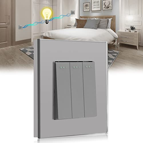 BSEED Light Switch 3 Gang 2 Way Glass Light Switches Screwless 10A Rocker Tactile Wall Switch Grey Crystal Toggle Switch