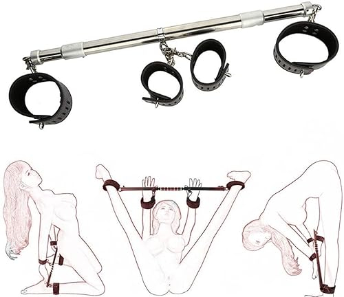 Verstellbare Handschellen + Fußfesseln, SM-Spreizstangen-Rückhaltesystem, Edelstahl + PU-Leder