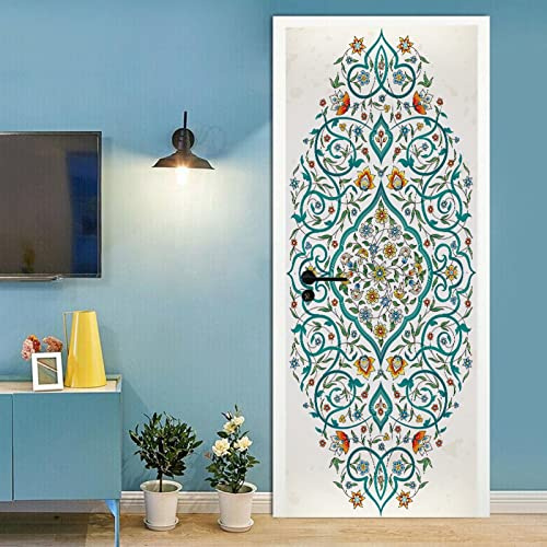A.Monamour 3D Door Stickers for Interior Doors Luxury Ornament in Eastern Style Turquoise Floral Pattern Vinyl Waterproof Self Adhesive Door Mural Decals for Bedroom Office Bathroom 77 x 200 cm