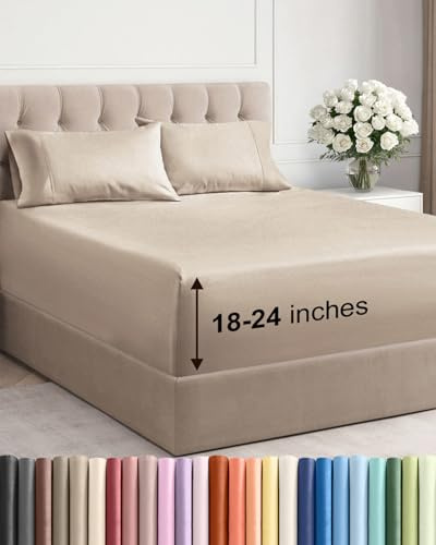 Extra Deep Pocket Queen Sheet Set - 4 Piece Breathable & Cooling Bed Sheets - Hotel Luxury Sheet Set - Ultra Soft, Wrinkle Free & Comfy - Easily Fits Extra Deep Mattresses - Deep Pocket Wheat Sheets