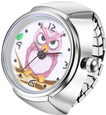 JewelryWe Ringuhr Fingeruhr Elastisch Eule - Damen Analog Quarz Fingerringuhr Ring Uhr Uhrenring mit Eule rundem Zifferblatt und Silber Legierung Elastisch Band
