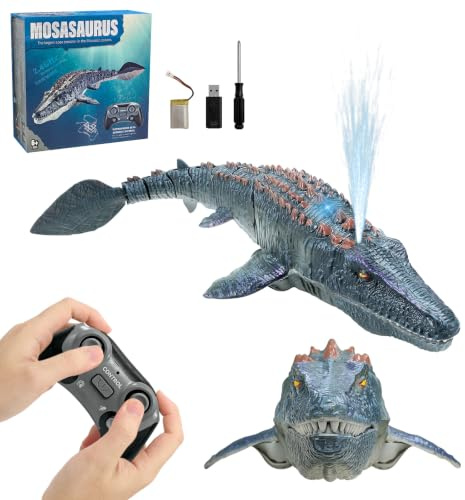 HONPHIER Bateaux Telecommander, Jouet Mosasaure Télécommandé 2.4GHz avec Vaporisateur, RC Bateau de Dinosaure Enfant Electrique Mosasaure Jouets Aquatiques Cadeau pour Garçons et Filles (Gris)