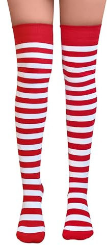 NuJake - Calcetines de niña con rayas hasta la rodilla, disfraz temático de cosplay, para Navidad y Halloween, talla 4-5.5 del Reino Unido, Rojo Blanco, 4-5.5