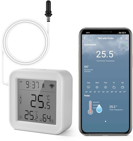 Chatthen Refrigerator Thermometer, WiFi Freezer App Alert, Free Data Export Freezer Temperature Monitor for Refrigerator, Fish Tank, Pool, Aquarium Accessories, White 2.2 inch with Screen