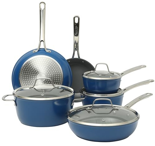 Sur La Table Kitchen Essentials Cool Commune Hard Anodized 10 Piece PFA Free Ceramic Non Stick Interior Forged Durable Aluminum Pots and Pans Cookware Set - Blue - Induction Compatible