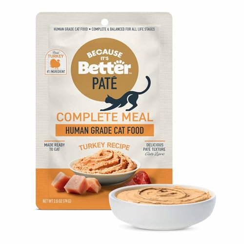 Because It’s Better Pate Complete Meal - Wet Cat Food - Real Turkey Recipe - Organic, Balanced, Smooth Pate Texture, Human-Grade Ingredients, Grain Free, 2.6 oz Pouches (12 Count)