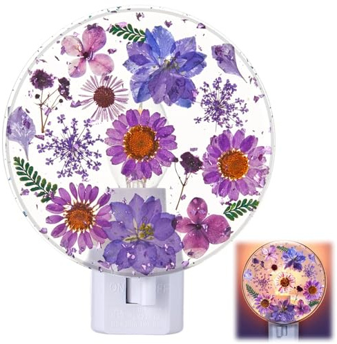 Glooglitter Pressed Floral Night Light Plug into Wall Decorative Flower Night Light Vintage Flower Lamp for Hallway Nursery Living Room Bedroom Bathroom Wall Decoration(Purple)