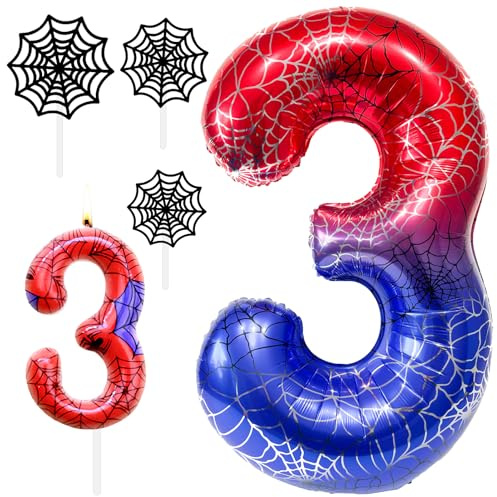 Decoración Cumpleaños Araña 3 Años, Globo 40 Pulgadas con Telaraña y Número 3 con Vela Cera Número 3 y Decoración Tartas Telaraña, Decoraciones de Fiestas de Niño Cumpleaños Araña Temáticas