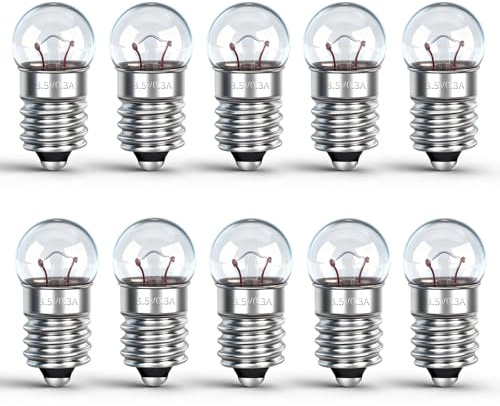 Caldarax 10 Paquete Mini Bombillas E10 3.5V 0.3A, Blanca Cálida 3000K, 30LM, E10 Bombillas Miniatura, Bombilla de Repuesto para Experimento de Física, Linterna, Belén Navideño, Luz de Advertencia