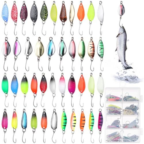 Vestamore Cebos de cuchara 2G, 2.5G, 2.6G, 3G, juego de cucharas de trucha con caja de almacenamiento, 43 cebos de trucha, cebos de un solo gancho con lentejuelas para trucha, lucio, lucioperca, perca