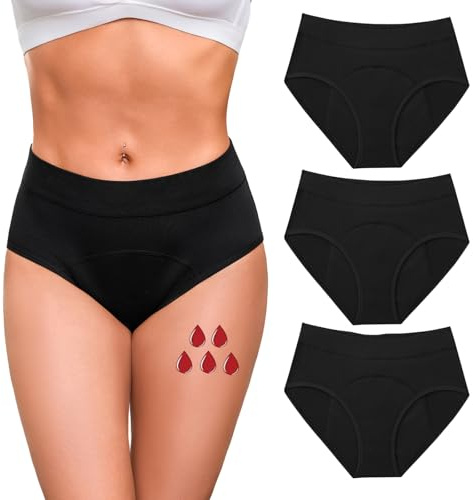 Briyat Bragas Menstruales Mujer Algodón Flujo Abundante 50ML Braguitas Ropa Interior Menstrual Cintura Alta Algodón Negro XXL
