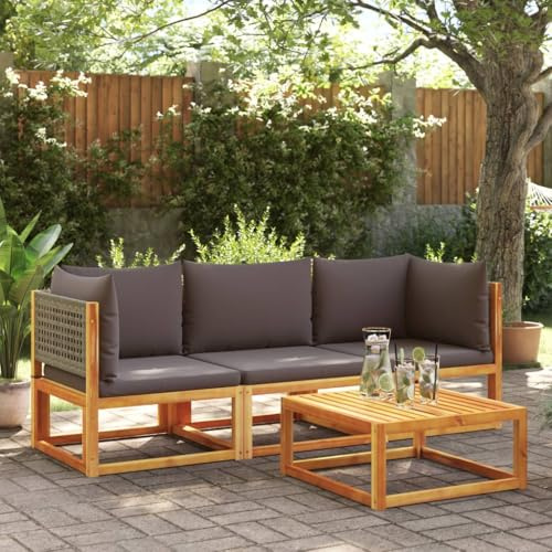 Owoxanthellate Ensemble de canapé de jardin 3 pièces en acacia et rotin PE, 65 x 65 x 65 cm, gris, résistant aux intempéries, avec coussins épais, groupe de sièges modulaires pour balcon, terrasse