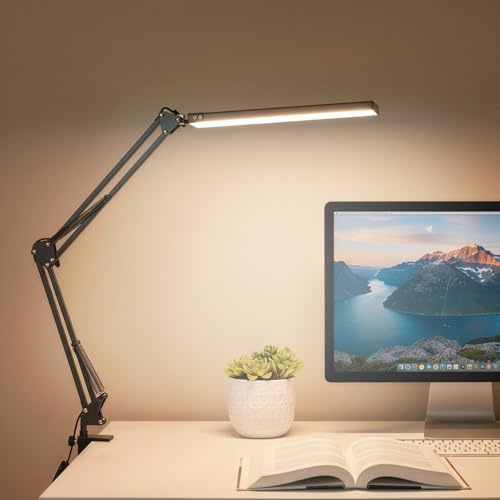 SUNNYNEST LED Desk Lamp with Clamp, 12W Desk Light for Home Office, 3 Color Temperature Modes (3200K/4200K/5800K), 10-Level Dimmable Study Lamp, Eye-Caring, Flexible Swing Arm, USB Powered (Black)