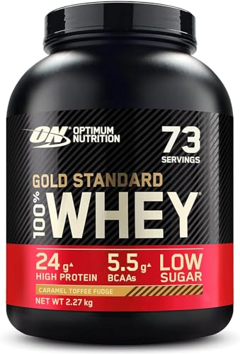 Optimum Nutrition Gold Standard Whey Muscle Building and Recovery Protein Powder With Naturally Occurring Glutamine and Amino Acids, Caramel Toffee Fudge, 73 Servings, 2.27kg, Packaging May Vary
