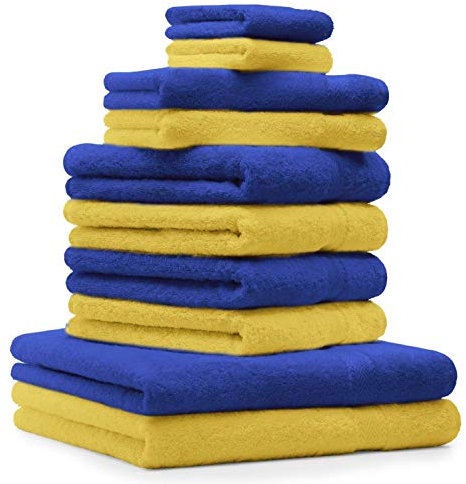 Betz 10-TLG. Handtuch-Set Classic 100% Baumwolle 2 Duschtücher 4 Handtücher 2 Gästetücher 2 Seiftücher Farbe gelb und Royalblau