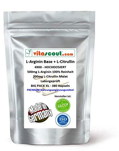 L-Arginin Base + L-Citrullin 6300 – 380 Kapseln VEGAN, Pflanzliches Arginin in Base-Form, 100% Reinheit – Optimales Mischungsverhältnis - LABORGEPRÜFT - ohne Magnesiumstearat