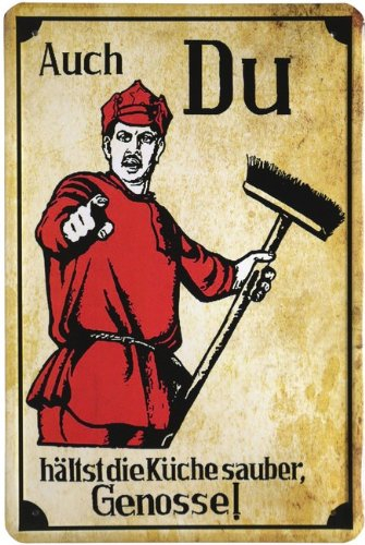 WOGEKA ART Retro Blechschild - Auch du hältst die Küche sauber - Genosse! - witziger Spruch als Geschenk-Idee zum Geburtstag Weihnachten zur Dekoration 20x30 cm Vintage-Design aus Metall 334