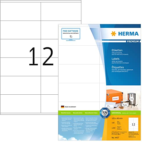 HERMA 4457 Universal Etiketten, 100 Blatt, 105 x 48 mm, 12 pro A4 Bogen, 1200 Stück, selbstklebend, bedruckbar, matt, blanko Papier Klebeetiketten Aufkleber, weiß