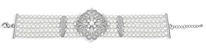 Bling Jewelry Antiguo Estilo Art Deco Vintage Collar Llamativo De Novia De 5 Vueltas De Perlas Blancas Simuladas Para Mujer, Boda Floral Latón Plateado
