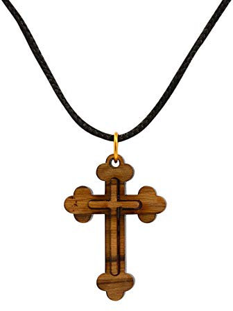 Most Original Gifts Certified Bethlehem Made Wooden Cross (Olive Wood) Budded Cross Pendant on Black Cord Necklace in Natural Cotton Pouch - 24 Adjustable Wood Cross Necklace for Men & Women
