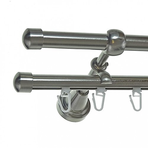 BASIT Rohr + Innenlauf Gardinenstange Wandmontage 2 läufig 320cm lang Edelstahl Look Metall Gardinenstange 2 läufig Wandbefestigung Ø16mm I H14+I