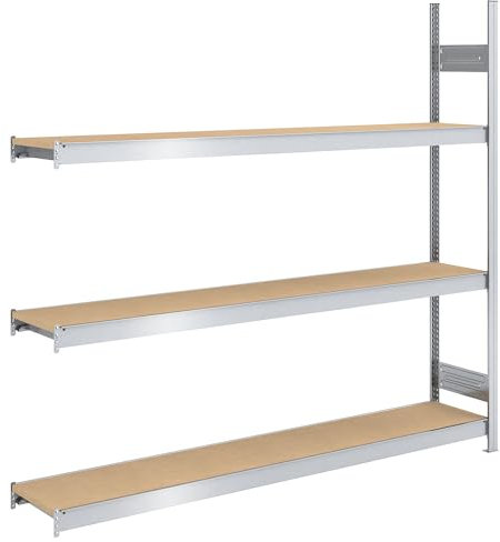 Großfach-Steckregal mit Spanplatten, Höhe 2000 mm, Breite 2000 mm, Feldlast 1200 kg, Tiefe 400 mm, Anbauregal.