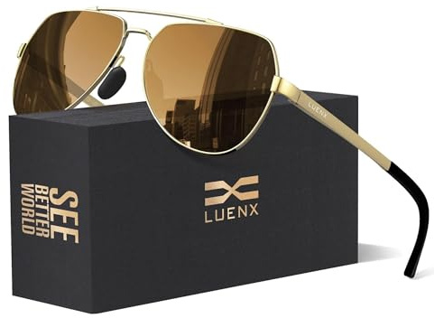 LUENX Aviator Sunglasses for Men Women Polarized New Shades Flexible Spring Hinge - UV 400 Protection,Brown Lens Gold Metal Frame 59mm