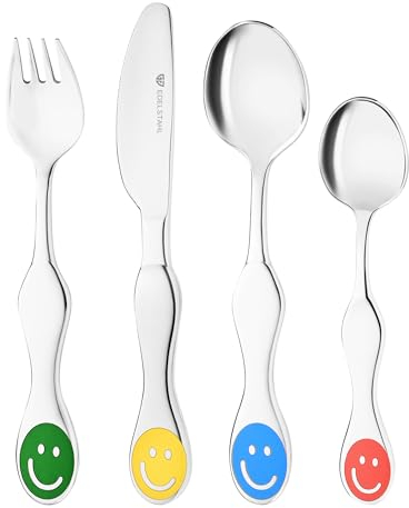 GRÄWE Kinderbesteck Set Smile, 4-teilig, Edelstahl, poliert, spülmaschinengeeignet, für Jungen und Mädchen, bunte Gesichtern, ab 3 Jahren, Geschenk zur Taufe, Geburt, Geburtstag