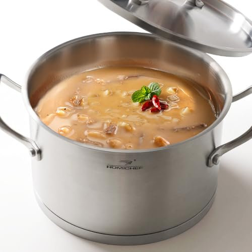 HOMICHEF Matte Olla de Acero Inoxidable Sin Níquel Pulido 3.2L Con Tapa (Sin Recubrimiento Tóxico Sin Palo, 20 CM Lado Recto)