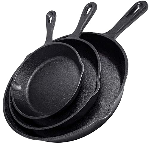 Simple Chef Cast Iron Skillet 3-Piece Set w/Cookbook - Heavy-Duty Professional Restaurant Chef Quality Pre-Seasoned Pan Cookware - 10, 8, 6.25 Pans - For Frying, Saute, Cooking, Pizza - Black