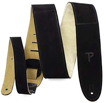 Perri's Leathers, Suede Guitar Strap, Sheepskin Pad, Black, Anti-Slip, Classic, Suitable for Each Level, Standard Size, 41 to 56 Inches Compatible with All Button Lock Systems