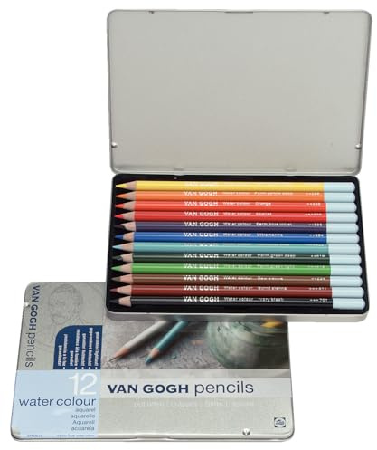Van Gogh Bleistifte - Aquarell Starter Set - 12 Farben - Wasserlöslich - Lichtechte Pigmente - Umweltfreundliche Zedernholzfässer - Ideal für Künstler - Metalldose verpackt