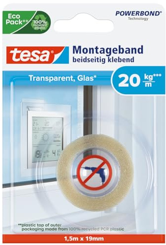 tesa Montageband für transparente Oberflächen und Glas, 1,5m x 19mm, Weiß, 77740-00000-00