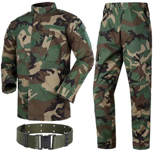H World Shopping H Mundo Compra Hombres táctico BDU Chaqueta de Uniforme de Combate Camisa y Pantalones Traje para ejército Militar Airsoft Paintball Caza Juego de Guerra Camuflaje de Bosque WLD