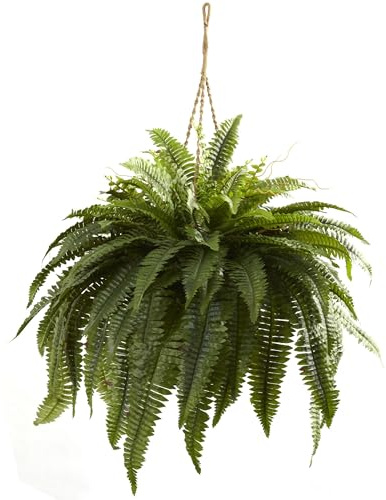 Nearly Natural Giant 36in Wide Artificial Boston Fern Hanging Basket, Faux Greenery For Indoor Home Porch Decor, Green