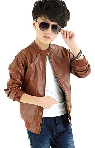 ELUCKFACE Boys Trendy Stand Collar PU Leather Moto Jacket - Winter Warm Lined Coat with Zipper Closure for Kids Brown 8-9Years