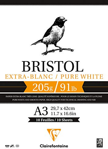 Clairefontaine - Ref 96172C - Bristol Extra White Paper Pad (20 Sheets) - A3 (420 x 297mm) Size, 205gsm Paper - Suitable for Pencil, Technical Pen, Indian Ink, Felt Nibs