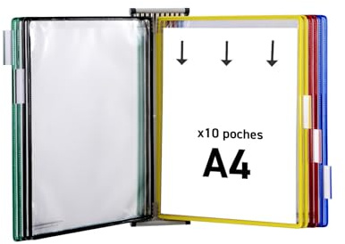 Tarifold Fr 414109 – Support Kit Mural document Tarifold métal, 10 pochettes A4 assortie, Présentation documents | Métal Robuste, Poches à Pivots PVC Antireflet, pour Industrie, Entrepôts, Magasins et Bureaux