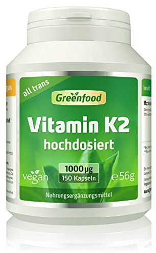 Vitamin K2 (MK7), hochdosiert, 1000 µg - 150 Kapseln, vegan. Vitamin K – für starke Knochen und eine normale Blutgerinnung. OHNE künstliche Zusätze - laborgeprüft. Von Greenfood.