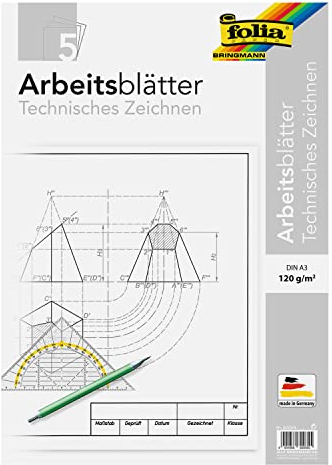 folia 8203/5 - Zeichenpapier, Block mit Arbeitsblättern für technisches Zeichnen, DIN A3, 5 Blatt, 120 g/qm, weiß, mit Vordruck