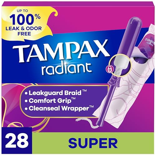 Tampax Radiant Tampons, Super Absorbency, with Leakguard Braid, Unscented, 28 Count